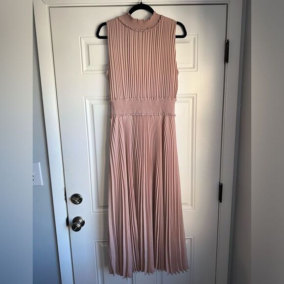 NANETTE LEPORE pink PLEATED SLEEVELESS DRESS high neck size 12 midi smocked - Picture 2 of 5